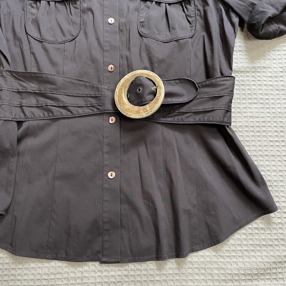 Lafayette 148 New York Utility Shirt 8 Womens Belted Dark Brown Cotton Stretch - Picture 4 of 8